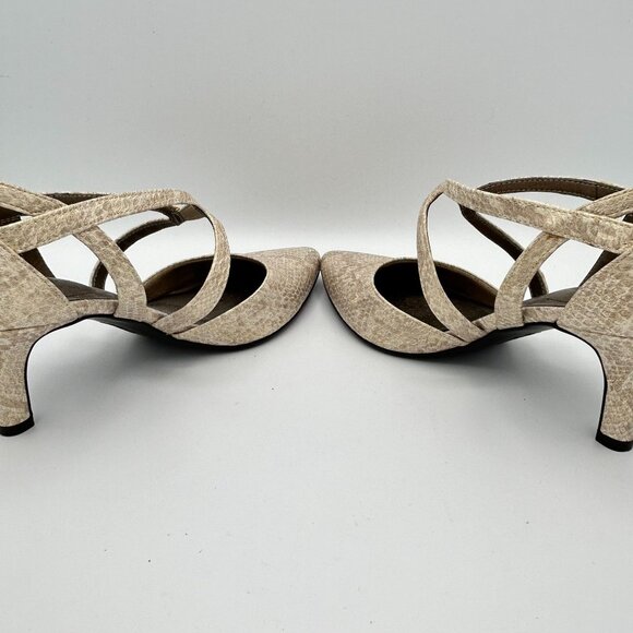 LifeStride Flex Seamless Beige Faux Snakeskin Heels Crisscross Strap 8.5 Pointed - Picture 7 of 9